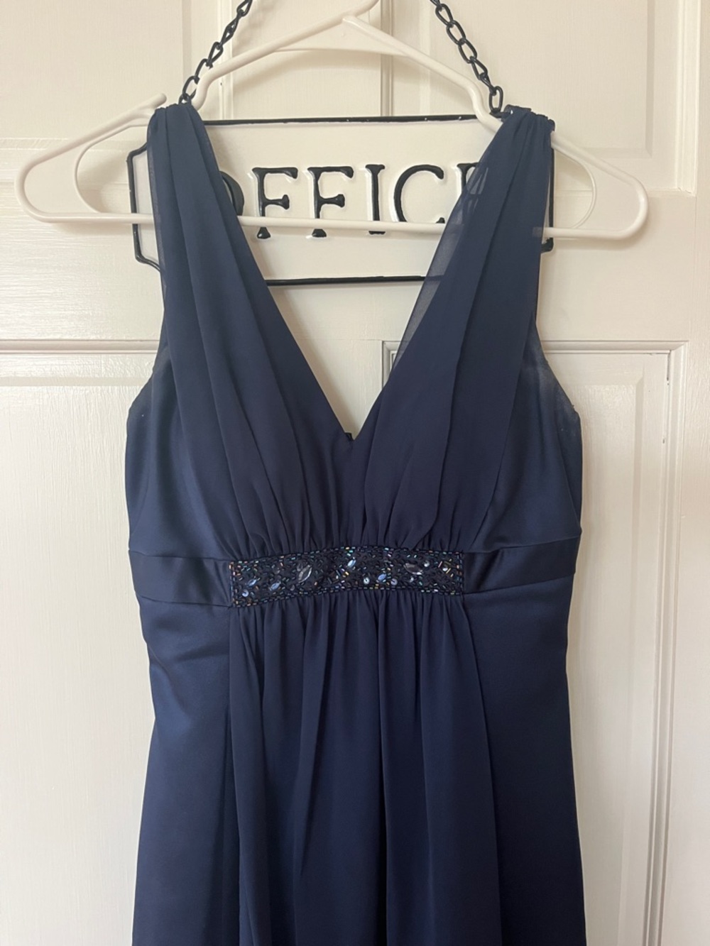 David's Bridal Navy Chiffon Evening Gown with Beaded Waist